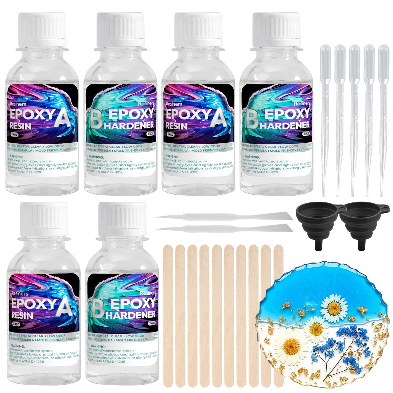 Epoxy Resin, Resiners 20.28OZ Epoxy Resin Crystal Clear, Not-Yellowing No-Bubble, Self Leveling Easy-Pour Easy Mix 1:1 Casting Kit & Coating for DIY Jewelry Making, Art Resina Clear Crafts, Molds